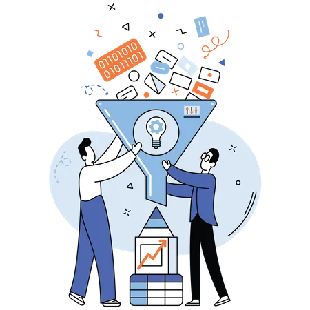 Two analysts pouring documents and charts into a funnel that outputs a single insight