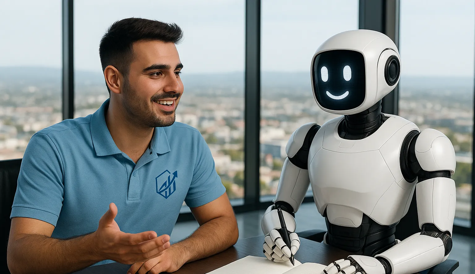 Illustration of a person in conversation with a humanoid robot at a table